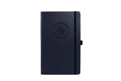Blau A5 notebook made of imitation apple leather from the University of Hohenheim