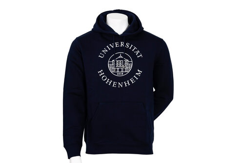 navy colored hooded sweatshirt unisex from the University of Hohenheim